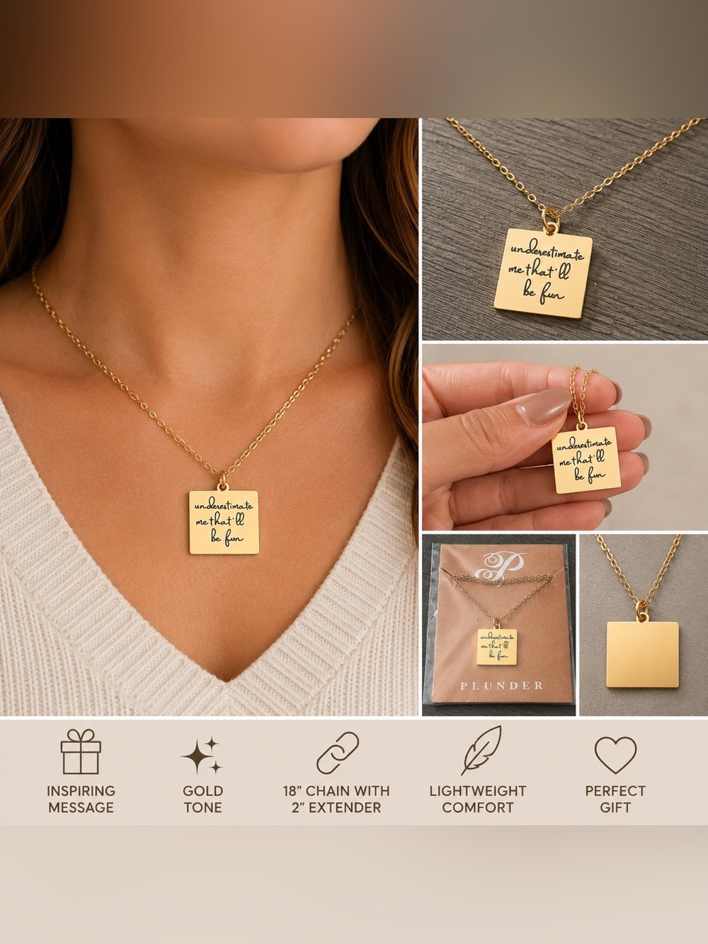 Plunder “Underestimate Me, That’ll Be Fun” Gold Tone Pendant Necklace - Picture 4 of 4